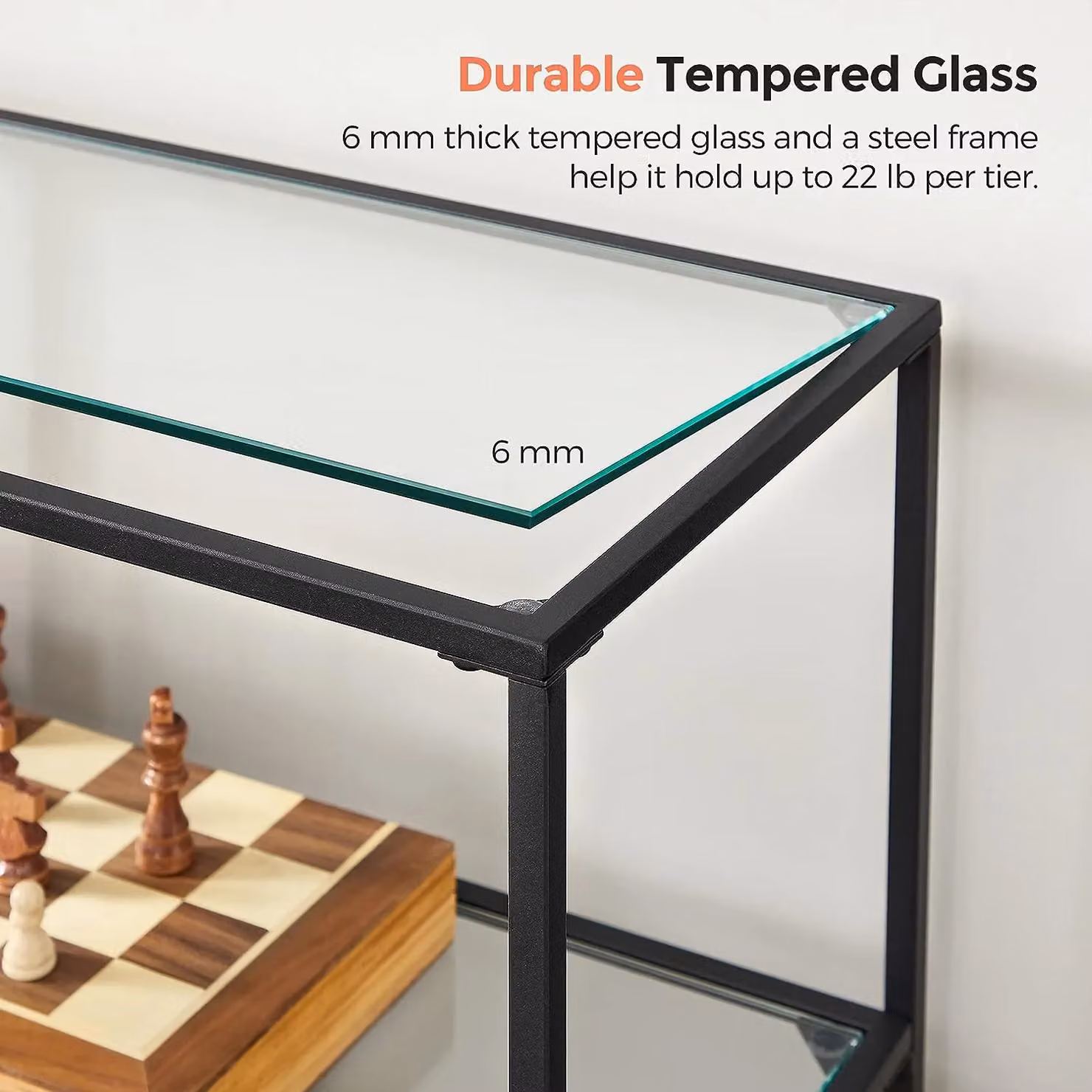 VASAGLE Modern Rectangular Console Coffee Table with 3 Transparent Glass Shelves and Black Steel Frame – 5