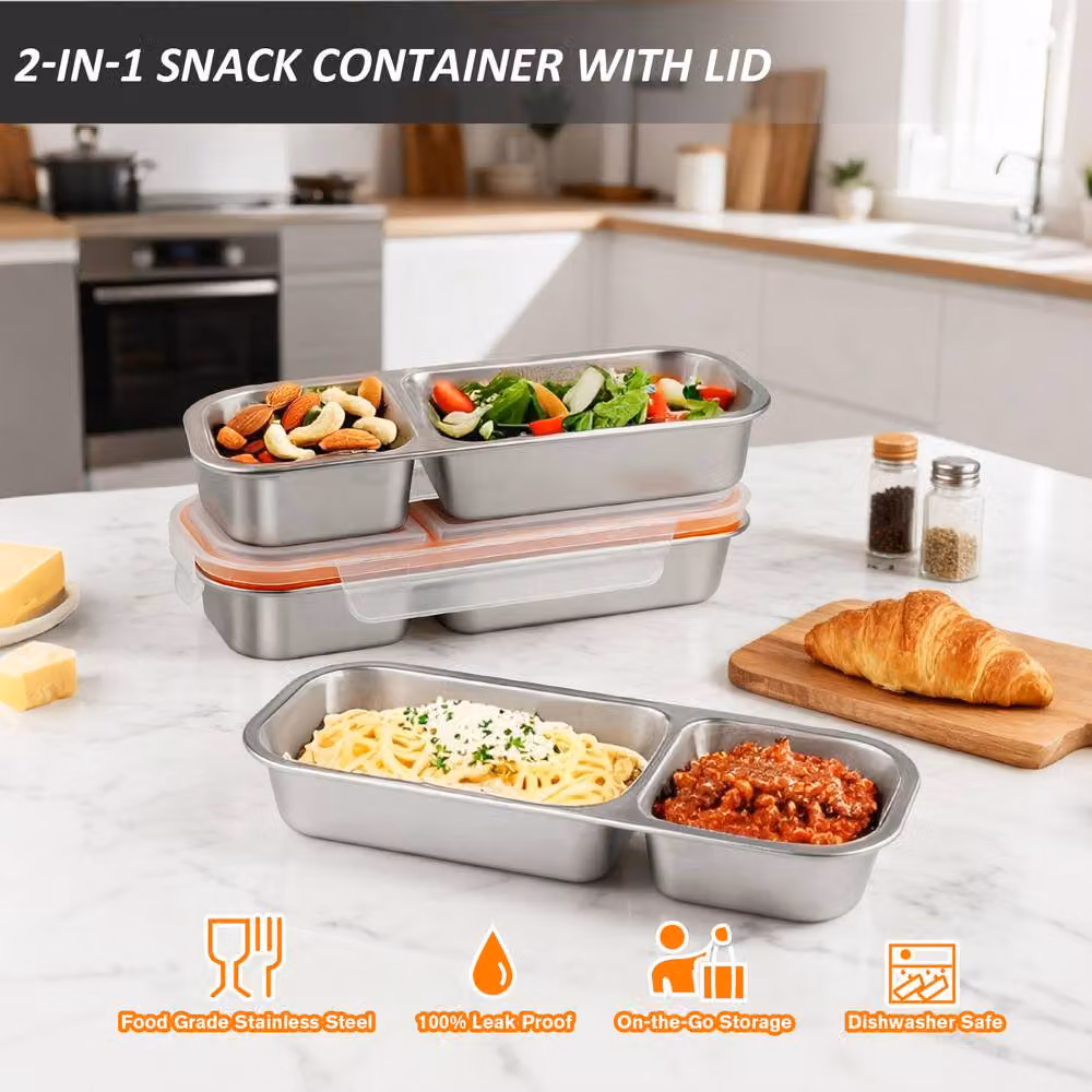 Greentainer 3 Pack Durable Stainless Steel Snack Box with 2 Compartments in Silver – 2