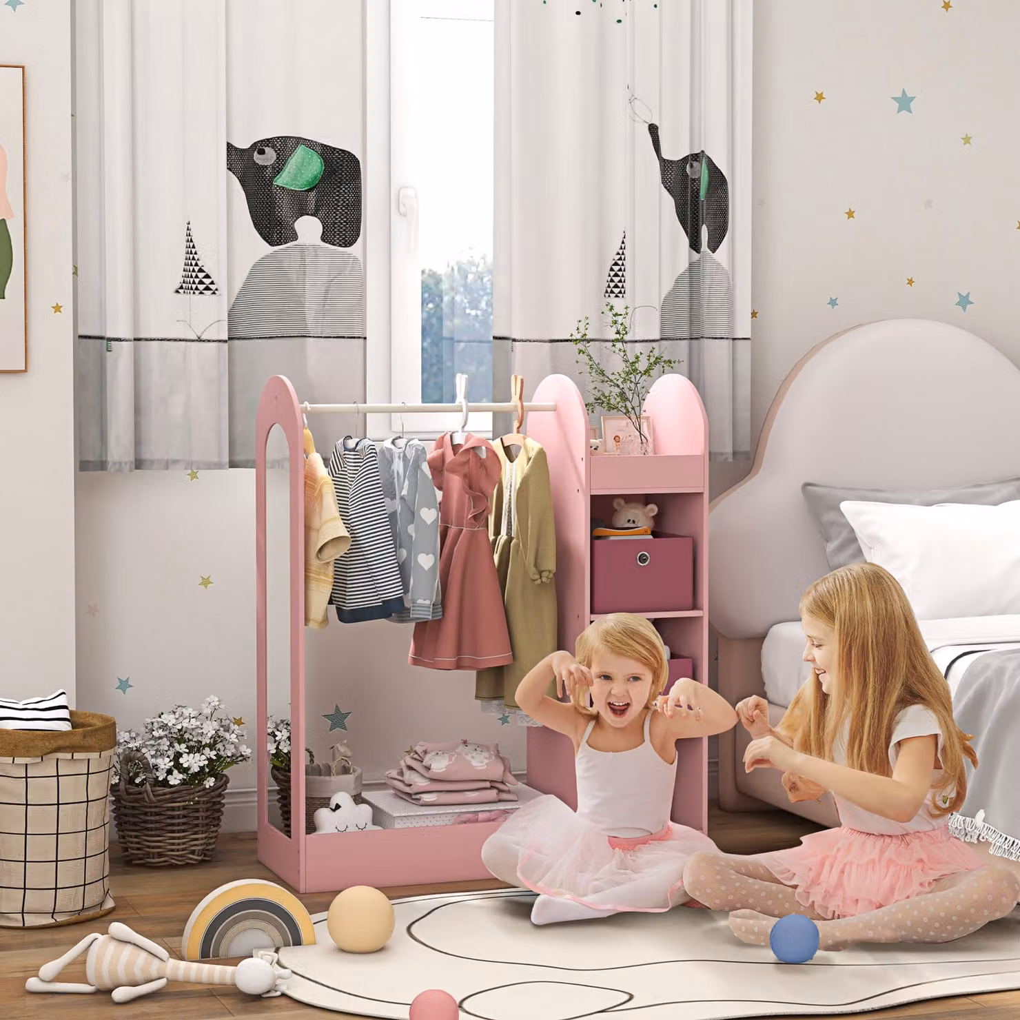 AIYAPLAY Kids Clothes Rail with Storage Shelf, Boxes and Mirror in Pink – 2