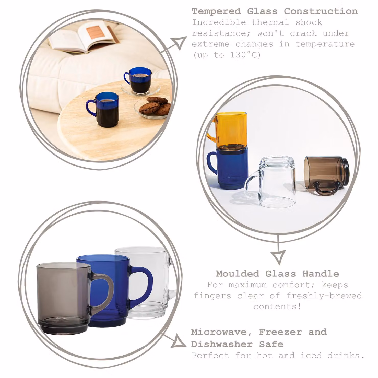 Duralex Versailles Glass Coffee Mugs, 260ml, Blue, Pack of 6 – 3