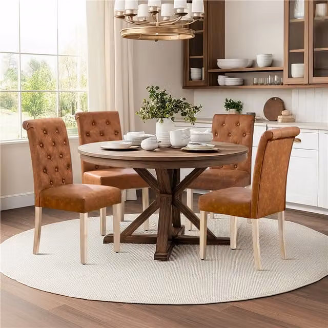 Yaheetech Set of 2 Retro Brown Padded High Back Dining Chairs with Synthetic Leather and Wood Upholstered Frame