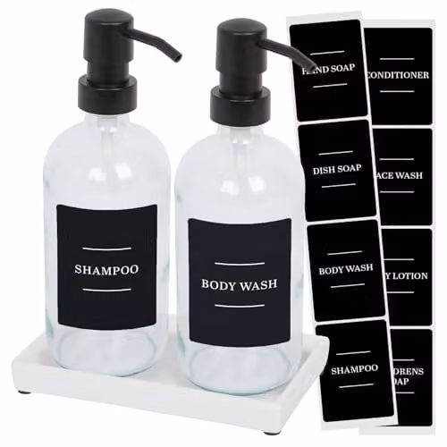 Harbour Housewares 2 Piece Glass Soap Dispenser Set with Ceramic Tray and Black Labels, 500ml, Transparent and Black