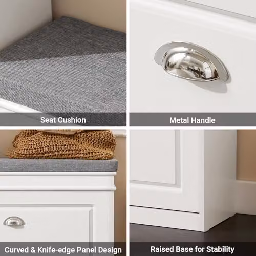 SoBuy Shoe Storage Bench with Fabric Seat Cushion and Flip Drawer, Grey and White, W/D/H: 75 x 24 x 51 cm – 5