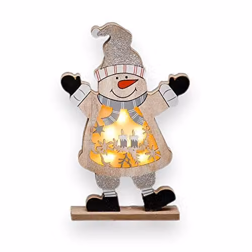 Shatchi LED Wooden Christmas Snowman Tabletop Ornament, Multicolour, Height: 27 cm