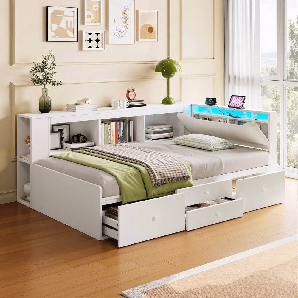 ModernLuxe L-shaped upholstered daybed in White with drawers, LED storage headboard, USB charging port and bedside shelf, W/D/H: 220 x 90 x 115 cm – 3