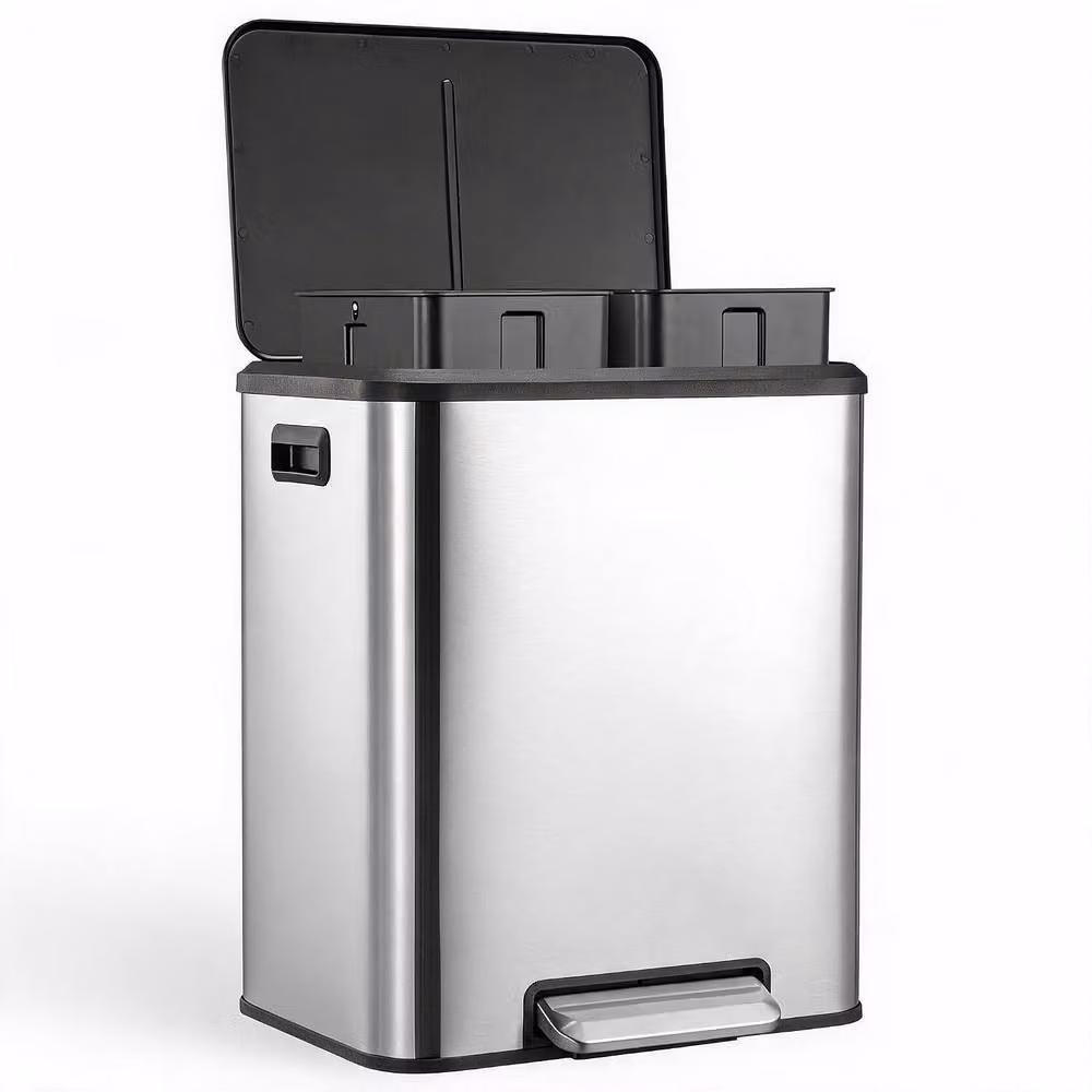 London Boutique Double Kitchen Bin with Soft-Close Pedal and Removable Inner Buckets, 2 x 15L, Stainless Steel, Silver – 2