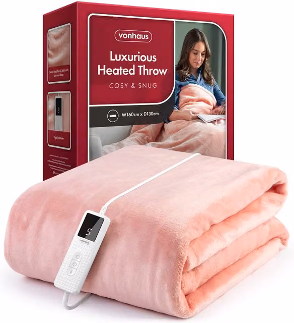 VonHaus Heated Fleece Blanket in Pink with Remote Control and Auto Shut-Off