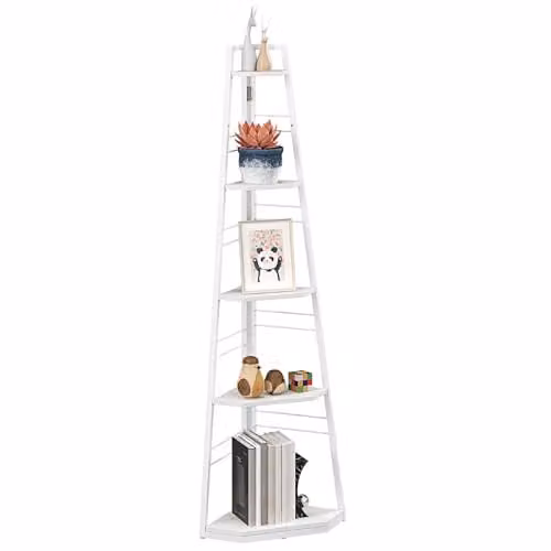 HOMCOM 5-Tier Corner Shelf with Metal Frame and Adjustable Feet, White, H: 160 x W: 37.5 x D: 25 cm – 1