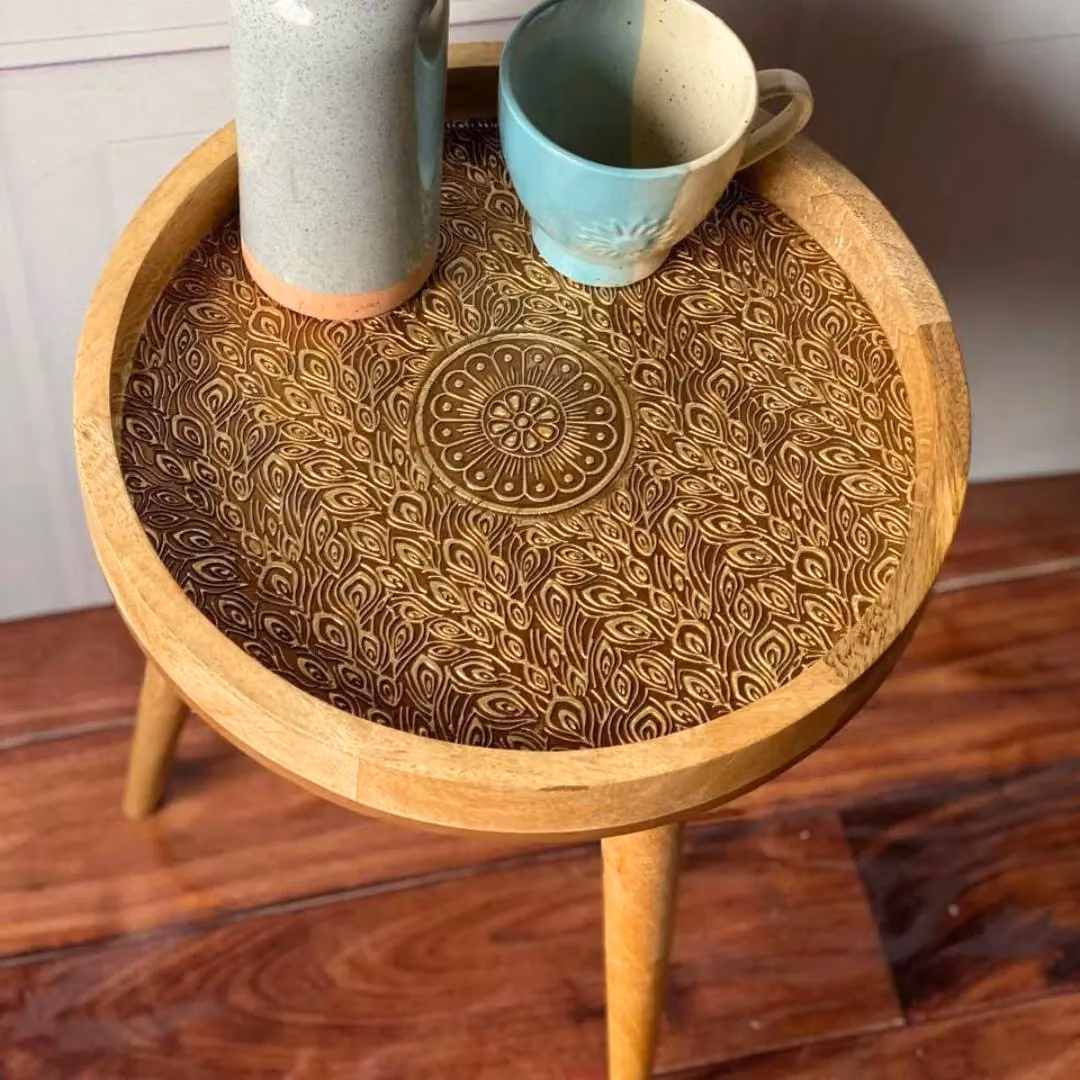 Hartsmede Mango Wood Round Side Table with Glossy Enamel Top in Gold and Brown – 5