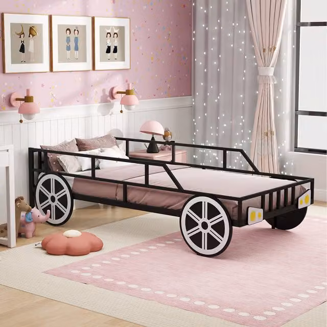 Costway Black Metal Car-Shaped Platform Bed for Children, W/D/H: 90 x 190 cm