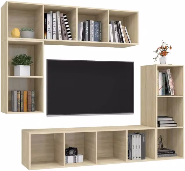 Berkfield Home Practical 4 Piece TV Cabinet Set in Sonoma Oak and Beige Engineered Wood – 1