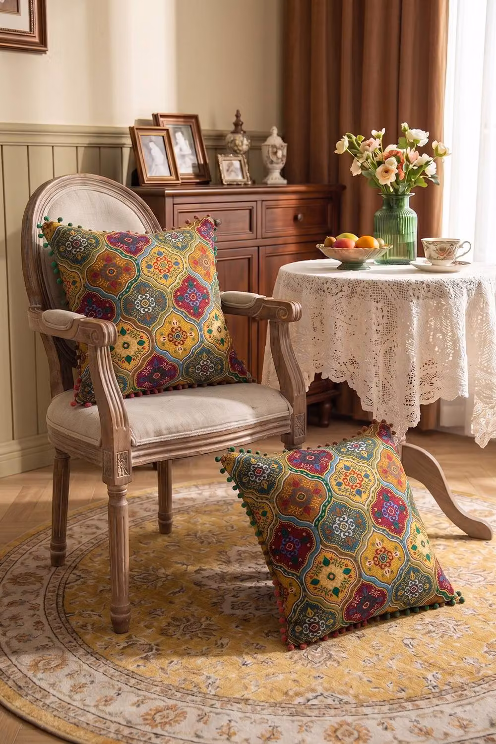 Garden Sanctuary Pack of 2 Yellow and Multicolour Ethnic Pattern Linen Square Throw Pillows with Inserts – 2