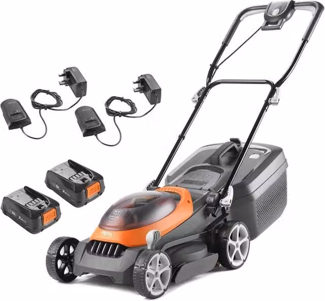 Flymo UltraStore 340R 36V Cordless Lawnmower Kit in Orange and Grey with 34cm Cutting Width, 35L Grass Box, Rechargeable Battery and Charger