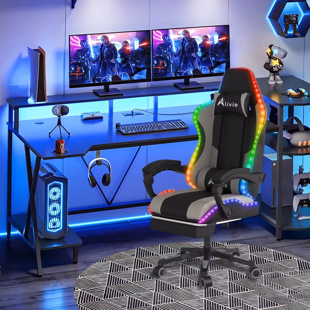 Alivio Wireless RGB LED Gaming Chair with App Control and Massage Lumbar Cushion in Grey – 3