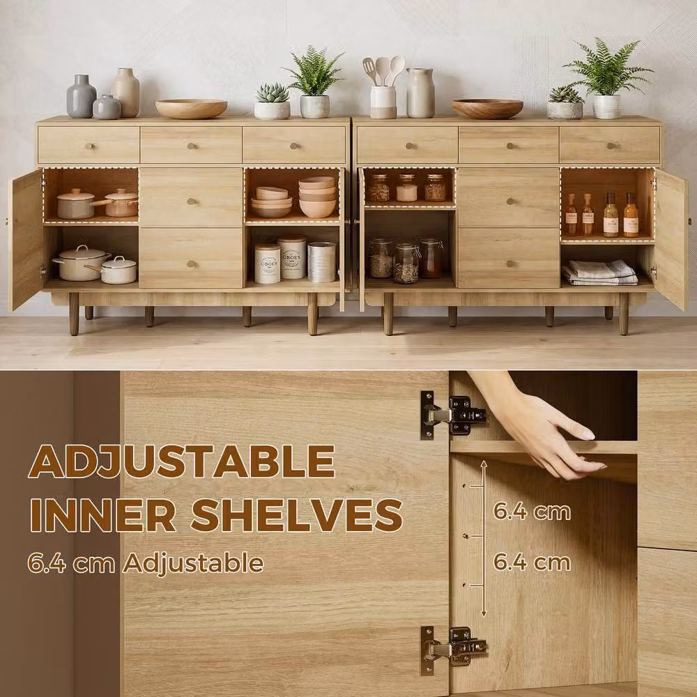 HOMCOM Modern Sideboard with Soft Close Drawers and Wood Legs in Light Oak and Walnut Brown – 4