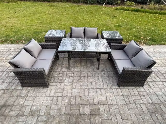 Fimous 6 Seater Wicker PE Rattan Garden Furniture Set with Oblong Dining Table and Double Seat Sofa in Dark Grey