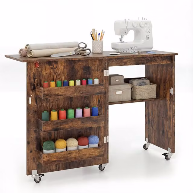 Costway Brown Folding Sewing Table with Storage Shelf and Castors