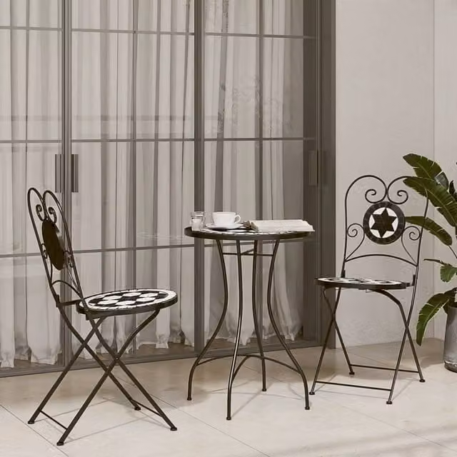 Berkfield Home Mosaic Bistro Set in Black and White with Iron and Ceramic Construction – 1