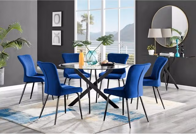 FurnitureboxUK Novara Round Glass Dining Table and 6 Nora Chairs in Blue and Black