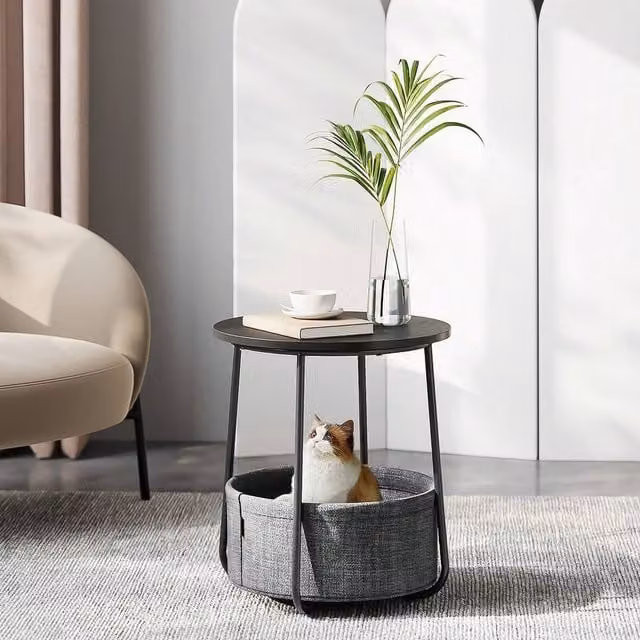 VASAGLE Round Black Side Table with Fabric Basket and Metal Legs