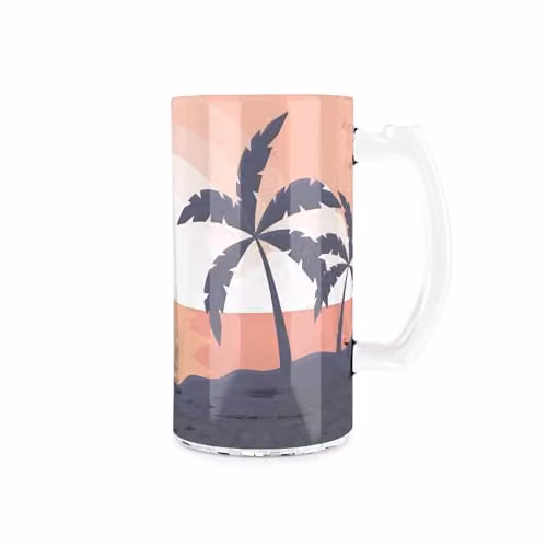 Purely Home Summer Beach Glass Stein with Handle, Sunset Silhouette Palm Trees Design, Multicolour and Red, 450ml