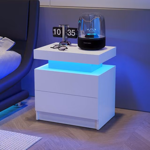 Aosom Modern Multi-Functional LED Nightstand with 2 Drawers and Adjustable Lighting, White, W: 49 cm, D: 35 cm, H: 52 cm