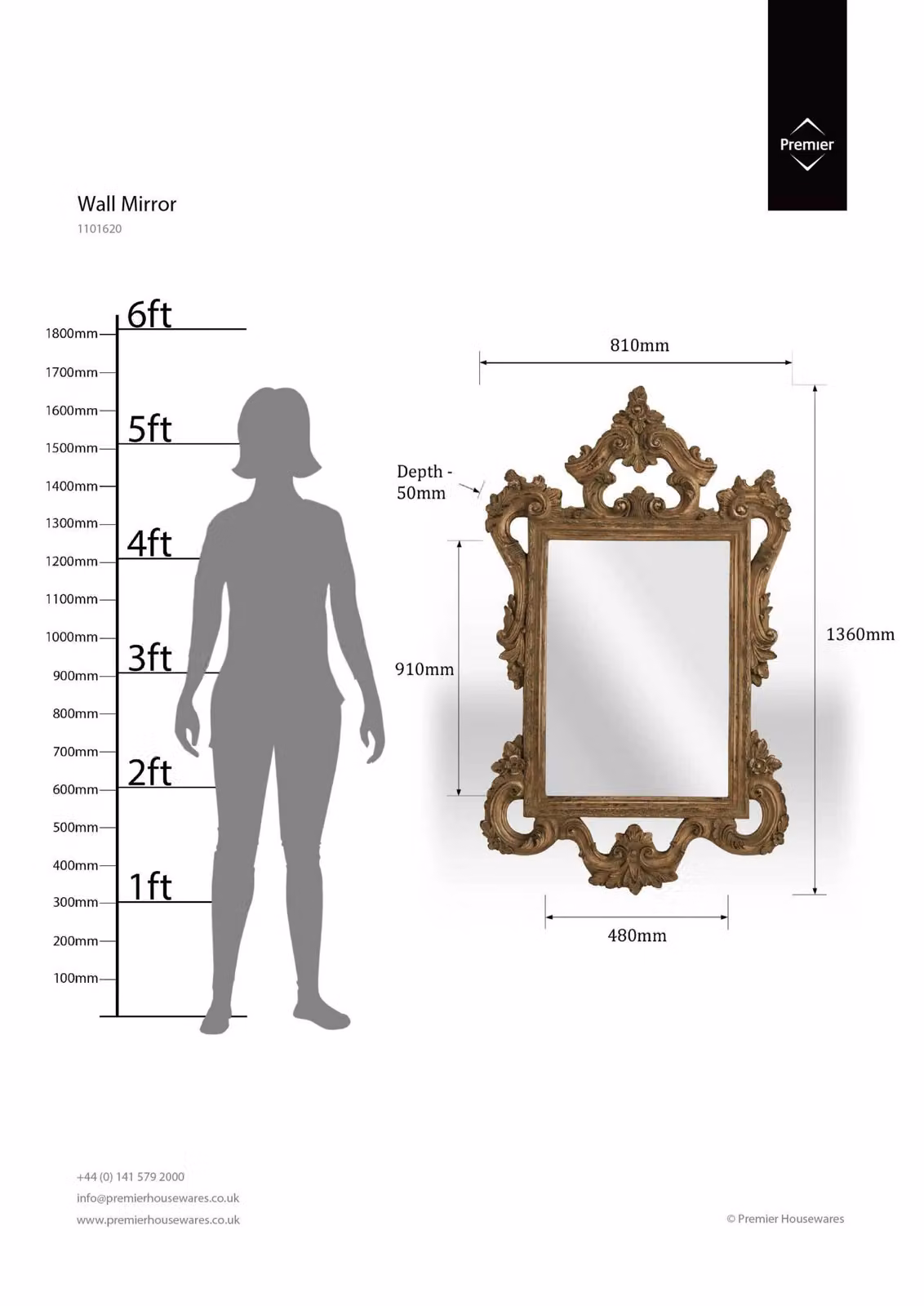Orsina Baroque Style Antique Finish Gold Wall Mirror with Floral Frame, Height: 150 cm – 2