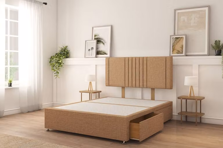 Sloomy Langston Naples Small Single Divan Bed Set with 2 Same Side Drawers and 26 inch Strutted Headboard in Light Brown Velvet, W/D/H: 80 x 190 cm
