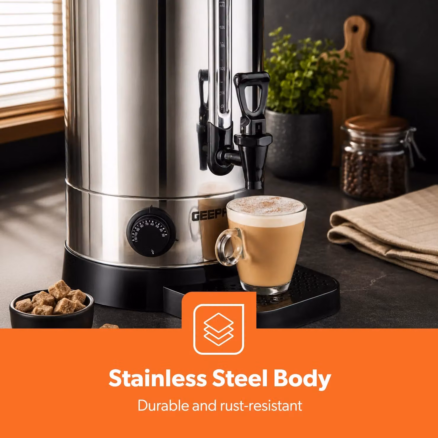 Geepas 20L Hot Water Dispenser Catering Urn, 1650W Stainless Steel Tea and Coffee Boiler with Keep Warm Function in Silver – 3