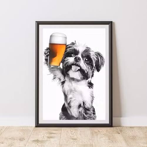 60 Second Makeover Funny Shih Tzu Drinking Beer Illustration Paper Poster, A3
