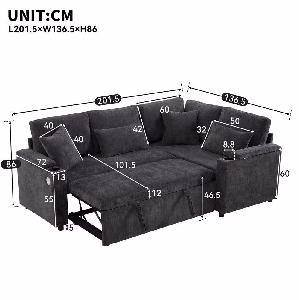 STILVORA L-Shaped 4-5 Seater Fabric Sofa Bed with Storage and USB Charging in Grey – 2