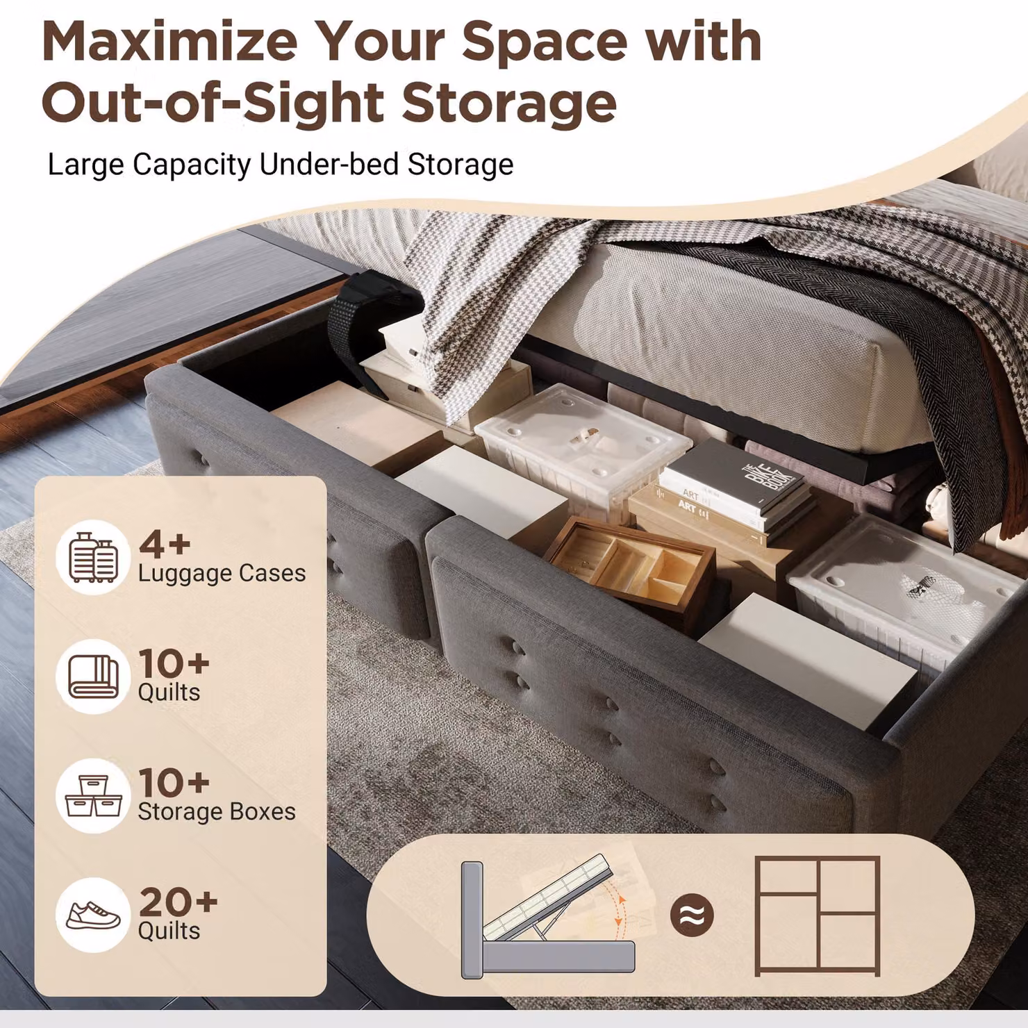 Aosom UK Grey Upholstered Double Bed Frame with Gas-Lift Storage and USB Charging Ports, H x W x D: 110 x 157 x 223 cm – 3
