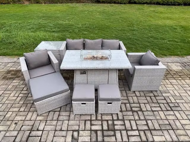 Fimous Rattan Outdoor Garden Dining Set with Gas Fire Pit Table, 2 Armchairs, Side Table and Footstools in Light Grey