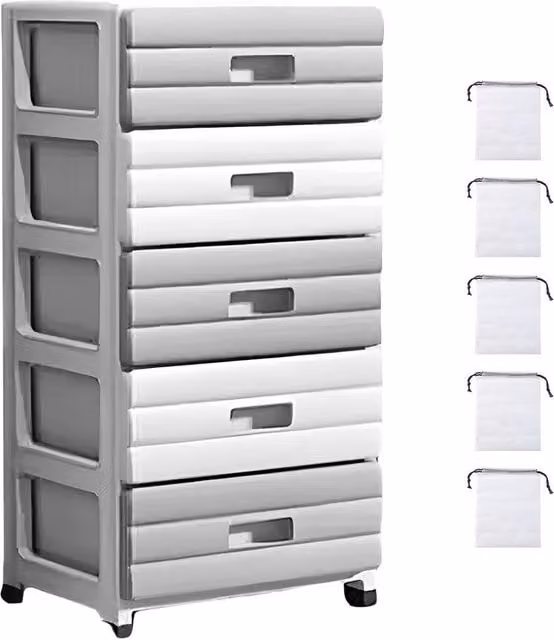 Ventryn 5-Drawer Polypropylene Freestanding Storage Organizer in White and Multicolour with Castors, H: 70.5 cm x W: 35.0 cm – 1