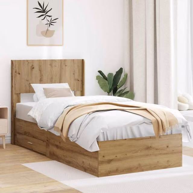 Berkfield Home Artisan Oak Bed Frame with Storage Drawers and Headboard, Brown, W/D/H: 90 x 200 cm – 1