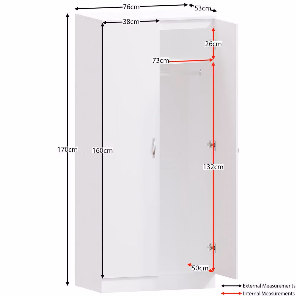 HD Designs 2 Door MDF Wardrobe in White, H 170 cm x W 76 cm x D 47 cm – 3