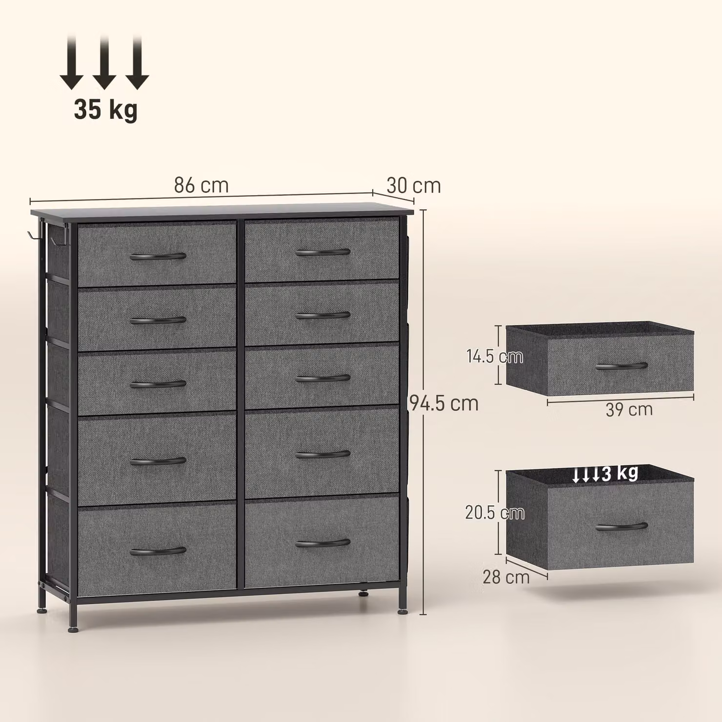 HOMCOM Chest of Ten Fabric Drawers in Charcoal Grey – 3