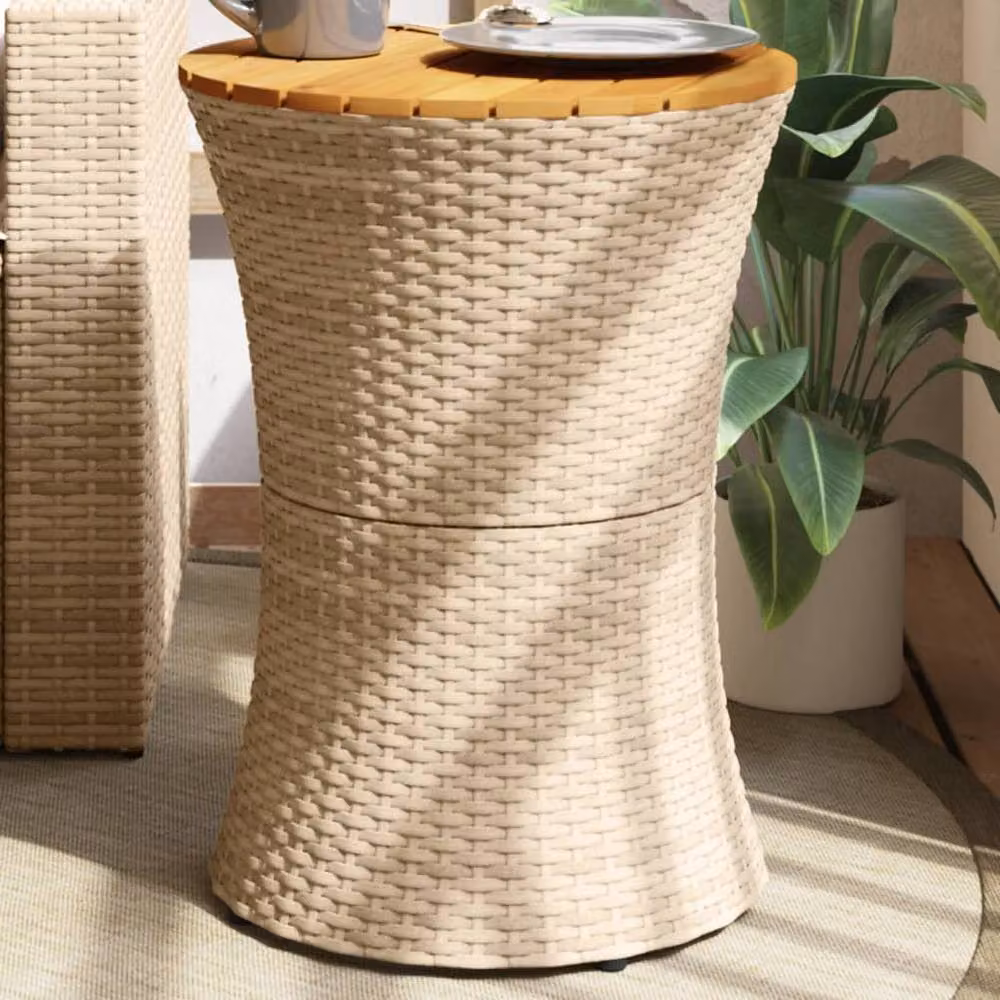 Berkfield Home Round Drum Garden Side Table in Beige Poly Rattan and Oiled Acacia Wood, W/D/H: 38 x 38 x 56 cm – 2