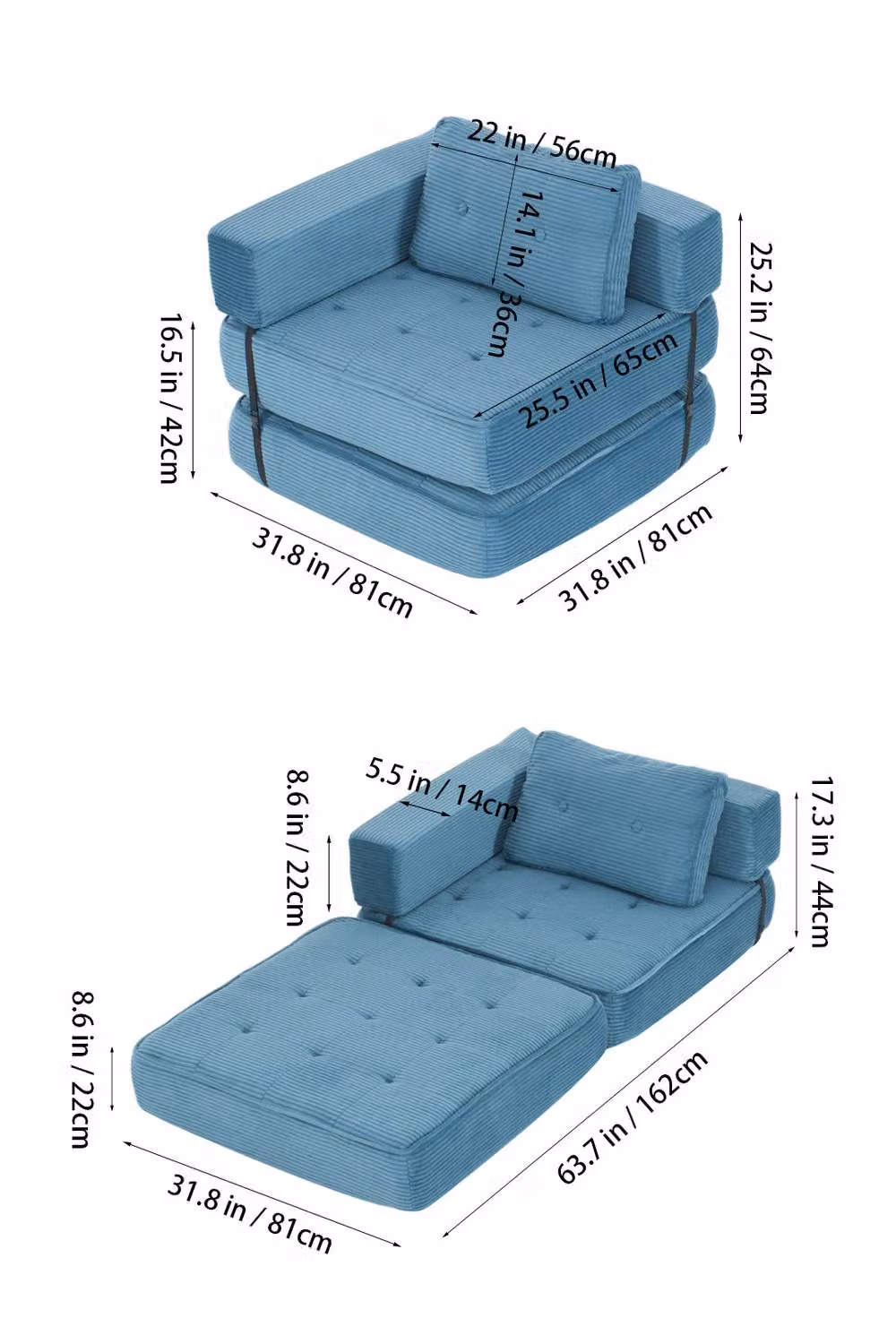 Living and Home Blue Corduroy Folding Sofa Bed with Pillow – 4