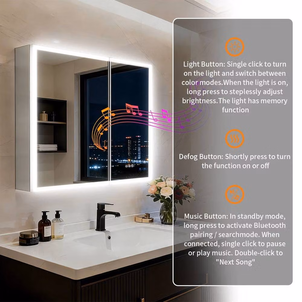 FORGEVIO Modern White Wall-Mounted Bathroom Medicine Cabinet with Double Mirrored Glass Doors, LED Lighting and Anti-Fog Function – 4