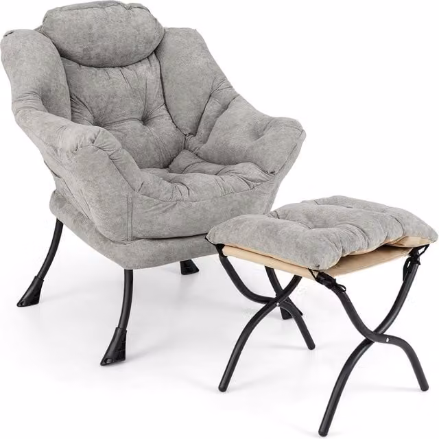 Costway Grey Fabric Lounge Accent Chair with Ottoman and Metal Frame