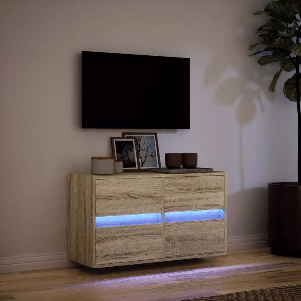 Berkfield Home TV Wall Cabinet with LED Lights in Sonoma Oak and Light Tan, W/D/H: 80 x 31 x 45 cm – 2