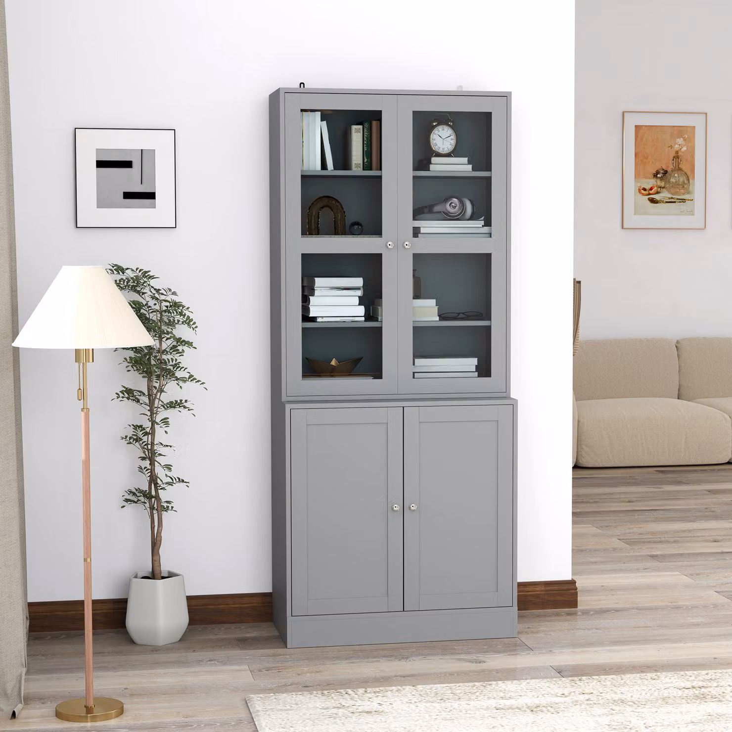HOMCOM Modern Double Storage Display Cabinet with Glass Doors in Grey, H 178.5 x W 76.0 cm – 2