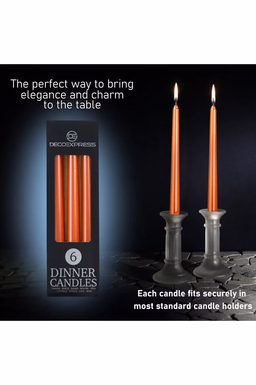 Deco Express Set of 6 Metallic Orange Unscented Dripless Tapered Dinner Candles – 8