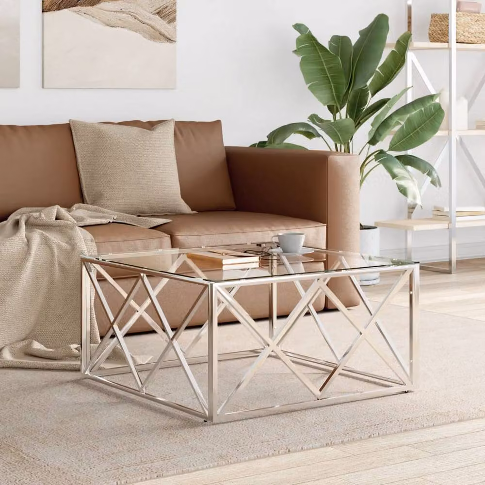 Berkfield Home Modern Square Coffee Table in Silver with Glass and Metal, W/D/H: 80 x 80 x 40 cm – 2