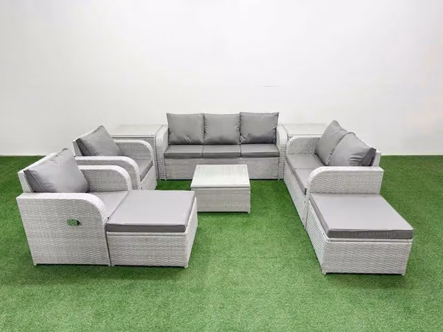 Fimous Grey PE Rattan Garden Furniture Set with 2 Seater Sofa, Coffee Table, 2 Ottomans and 2 Side Chairs