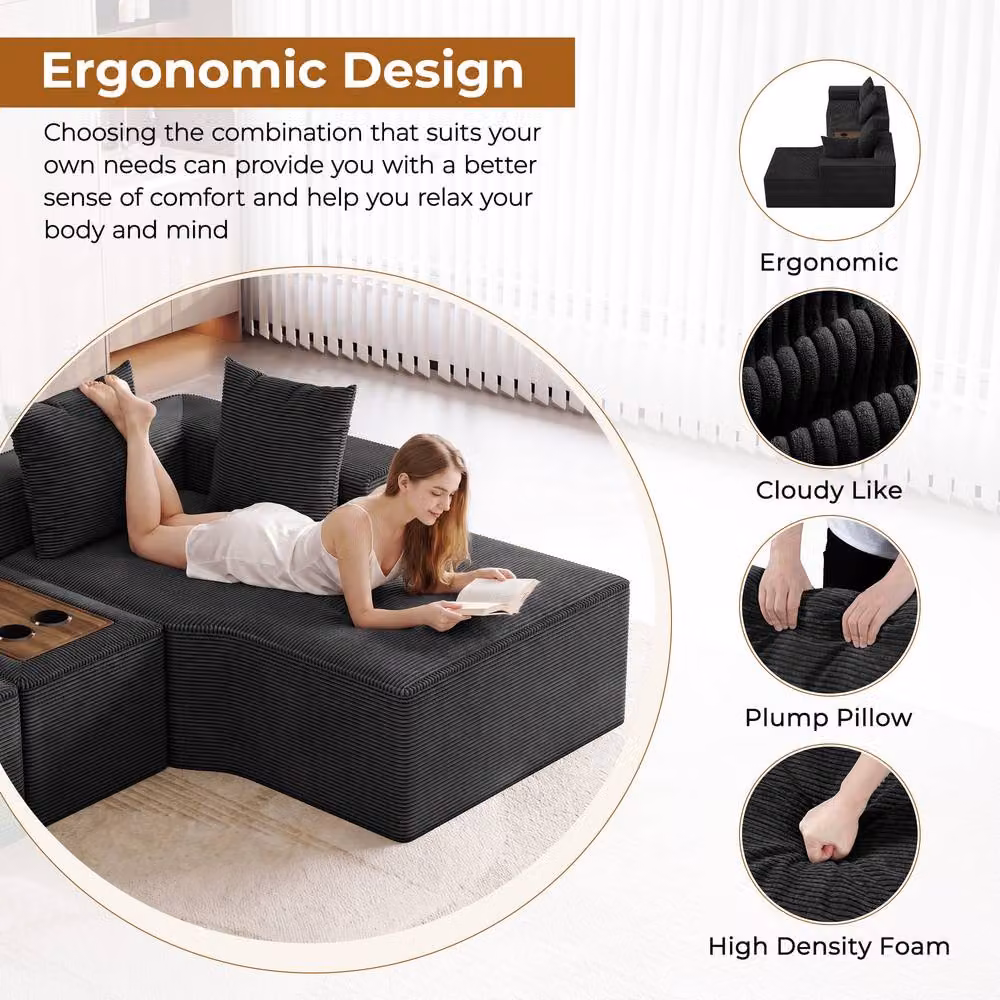 Dprodo Black Corduroy Right L-Shaped Modular Sofa with Cup Holder Table and Scatter Cushions, Width: 320 cm – 7