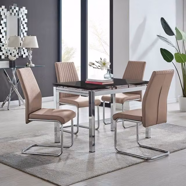 Furniturebox Enna Black Glass Extending Dining Table and 4 Lorenzo Chairs in Cappuccino