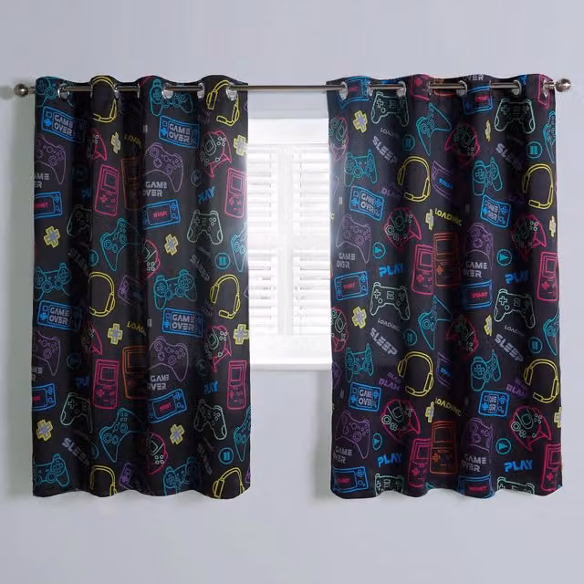 OHS Kids Gaming Print Blackout Eyelet Curtains, Multicolour/Black, Width: 137 cm, Height: 168 cm