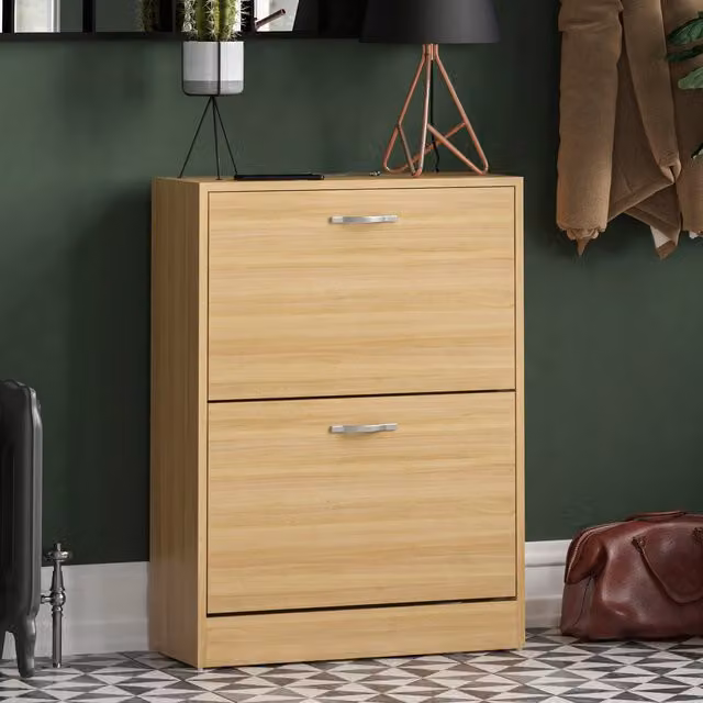 Vida Designs Modern 2 Drawer Pine Shoe Cabinet in Brown and Yellow